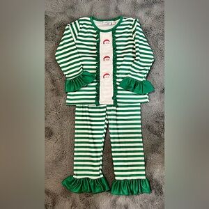 Marie Nicole Christmas Santa Green and White Striped Girls Pajamas